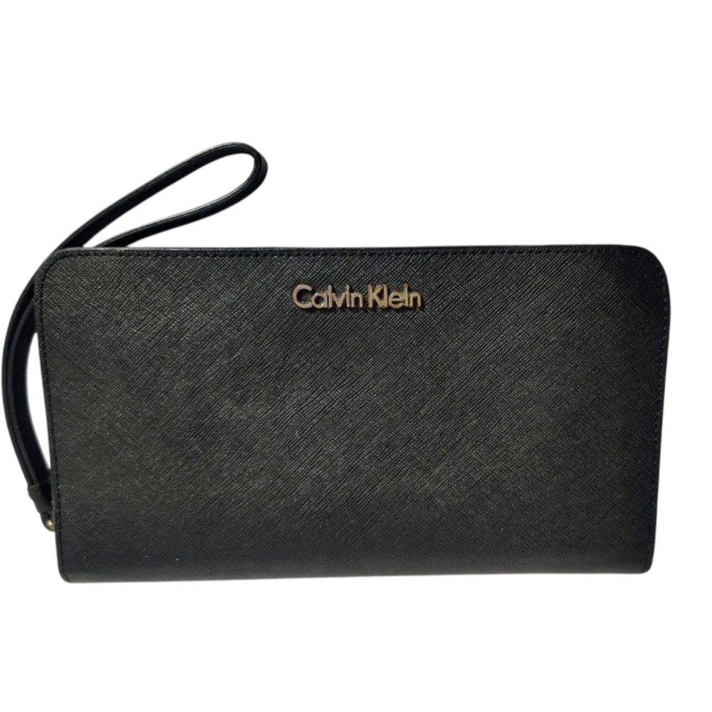 Calvin Klein Wallet Clutch Zip around Saffiano Leather Black 8" X 4.5"